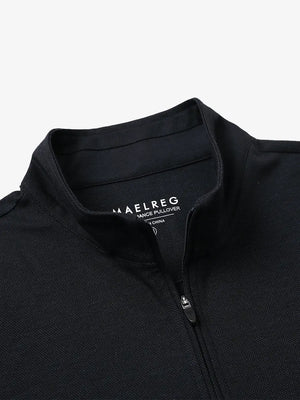 Close-up of collar and interior logo detail on BLACK Premium Jacquard Quarter Zip Pullover.								
