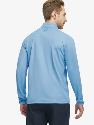 Back half-body view of model in Pinstripe Quarter Zip Pullover, showing back detail – LIGHT BLUE MELANGE