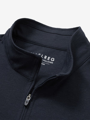 Collar close-up of Premium jacquard quarter zip pullover with zip detail in navy