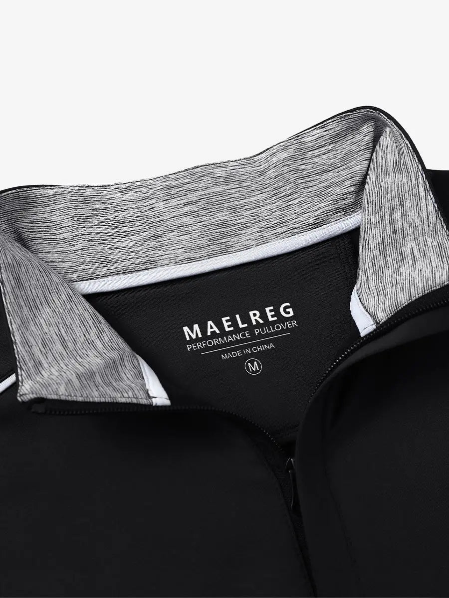 Close-up of collar and interior logo detail on BLACK Stretch Solid Fleece Quarter-Zip Vest.								
