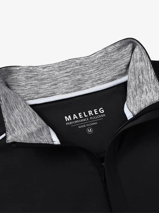 Close-up of collar and interior logo detail on BLACK Stretch Solid Fleece Quarter-Zip Vest.								
