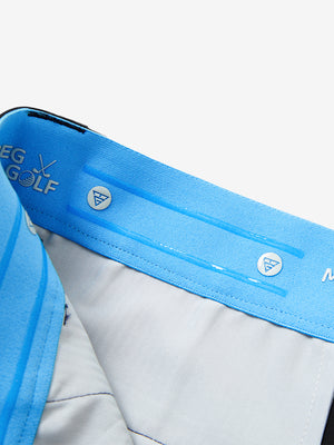 Inside waistband detail of water-resistant golf stretch nylon pants featuring maelreg logo, black.