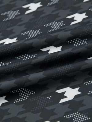 Full print lightweight quarter zip pullover, close-up of smooth fabric with detailed print in grey houndstooth