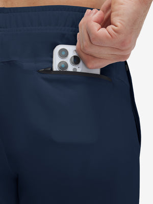 Back zipper pocket detail of navy superion softness mesh joggers with zipper pockets