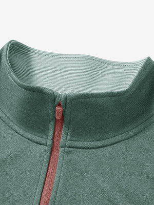 Collar detail close-up in dark green melange lightweight sleeveless quarter zip golf vest
