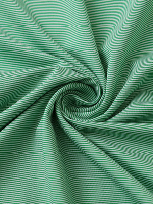 Fabric close-up of pinstripe jersey performance polo, fine stripe pattern with breathable emerald stripe finish