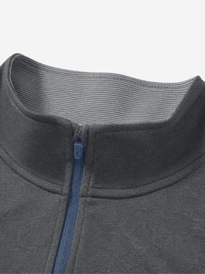 Collar detail close-up in black melange lightweight sleeveless quarter zip golf vest