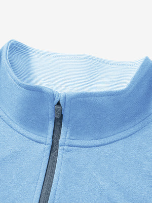 Collar detail close-up in light blue melange lightweight sleeveless quarter zip golf vest