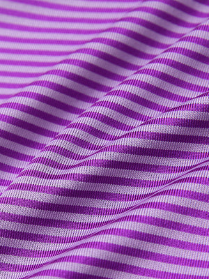 Close-up of lilac stripe cooling stripe golf shirt fabric showing breathable texture and moisture-wicking stripes.