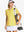 Front half-body of model in YELLOW Women's Performance Solid Polo holding golf club