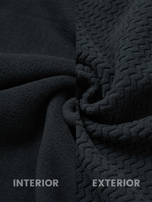 Close-up fabric detail of soft winter fleece jackets, plush texture with warm feel in black