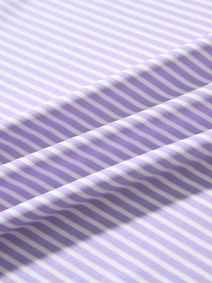 Close-up of lavender white stripe performance cooling polo - youth fabric texture.