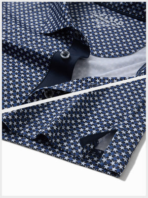 Hem detail of Performance quick dry print golf polos with neat stitching and blue white stars finish