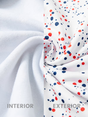 Fabric close-up of trendy print fleece hoodies, plush texture with warm white polka dots feel
