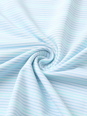 Fabric close-up of Performance stripe golf shirts with breathable weave in slate blue aqua blue stripe