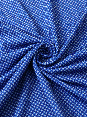 Close-up of blue wavy line performance jersey print polo fabric texture.