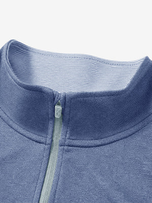 Collar detail close-up in navy melange lightweight sleeveless quarter zip golf vest
