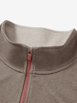 Collar detail close-up in brown melange  lightweight sleeveless quarter zip golf vest
