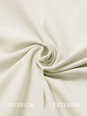 Close-up of inside and outside fabric of lightweight casual fleece jacket with 5 pockets in cream.