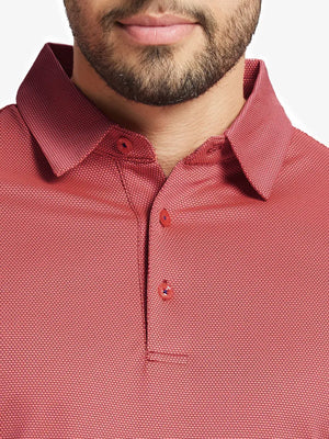 Front cropped view from nose to chest in ORANGE Performance Ananas Jacquard Polo