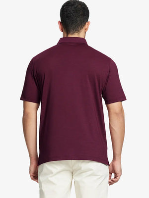 Rear half-body view showing fit and jacquard pattern of Ventilated Heather Jacquard Polo – BURGUNDY HEATHER