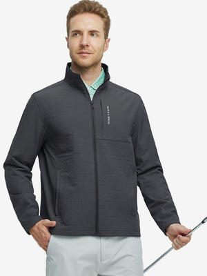 Front-facing half-body shot of model holding a golf club in the dark grey Softshell Jacket – ready for the course