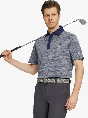 Half-body front shot with golf club, styled in NAVY HEATHER Cool Heather Texture Polo