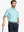 Front half-body shot of model holding golf club, wearing Sport Fit Stripe Polo in Aqua Blue Stripe