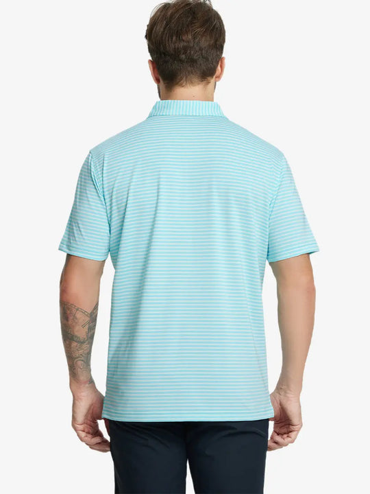 Back half-body shot of model showcasing the back of Sport Fit Stripe Polo in Aqua Blue Stripe