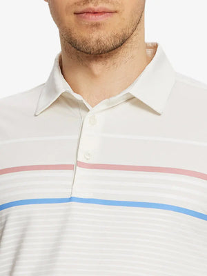 Front chest view of model wearing Chest Print Polo Shirts in Cream