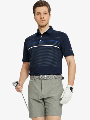 Front half-body golf pose in Chest Print Polo Shirts, shown in Navy