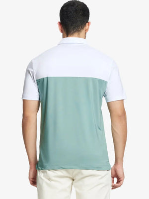 Back half-body view wearing BERYL GREEN Premium Performance Polo
