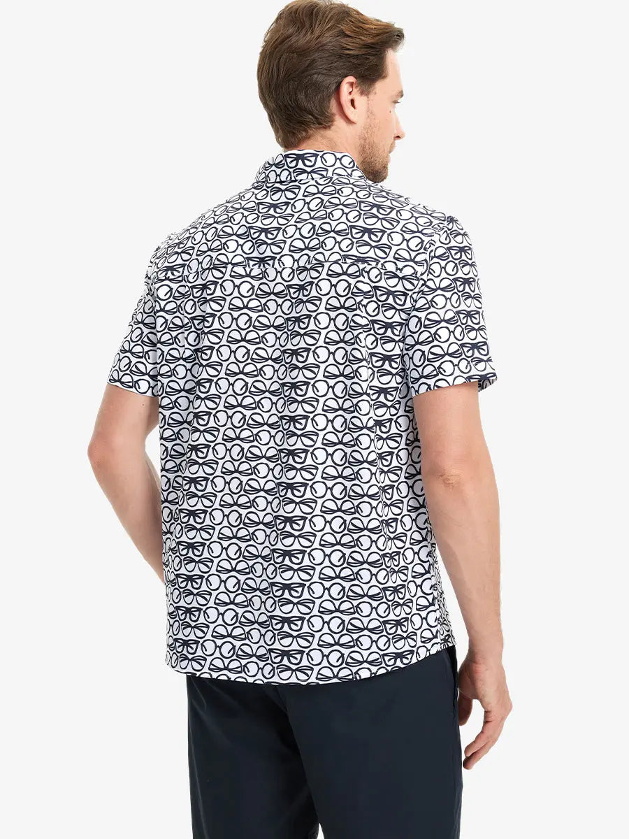 Back half-body view wearing BLACK WHITE GLASSES Stylish Printing Summer Shirt.