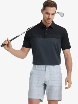 Half-body front shot holding golf club in BLACKDARK GREY Premium Performance Polo