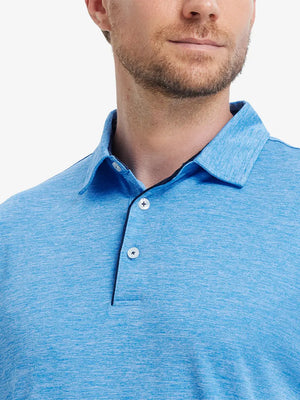 Close-up of Modern Fit Melange Polo front (nose to chest) in BLUE HEATHER, showing soft melange texture.