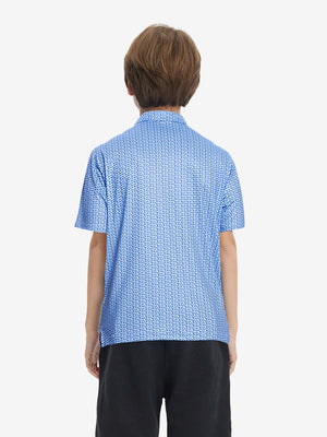 Back upper view of Stylish print boys polo shirts with clean lines and bluejay navy dogs tone