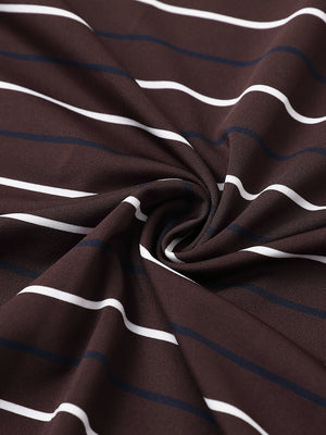 Close-up of brown stripe stylish stripe jersey golf polo fabric showing smooth texture and breathable knit.