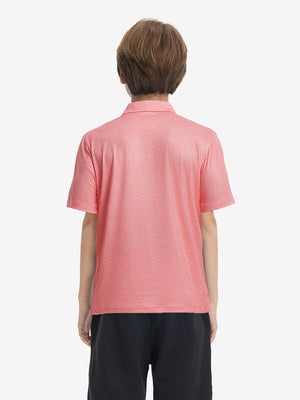 Back upper view of Stylish print boys polo shirts with clean lines and candy pink line tone