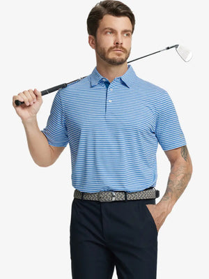 Front half-body shot of model holding golf club, wearing Sport Fit Stripe Polo in Classic Blue Stripe