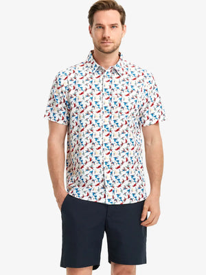 Front half-body view wearing COLORFUL WILD GOOSE Stylish Printing Summer Shirt.