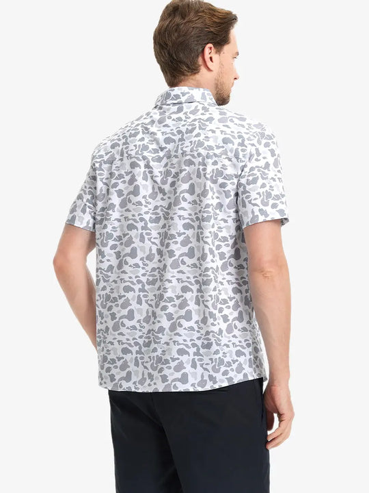 Back half-body view wearing GREY CAMO Stylish Printing Summer Shirt.