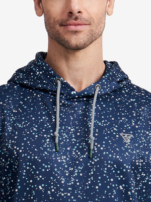 Upper front collar detail of trendy print fleece hoodies, neat stitching with polka dots accent