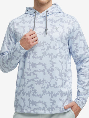 Front upper body of model wearing trendy print fleece hoodies, relaxed fit in grey white camouflage