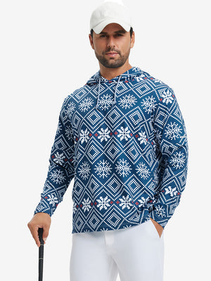 Half body model leaning on a golf club, wearing trendy print fleece hoodies in dark blue snowflake