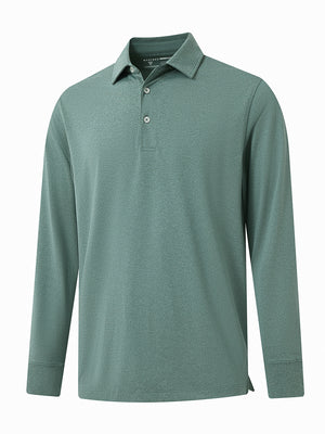 Front 3D view of Skin-friendly long sleeve melange polo in dark green heather with refined look