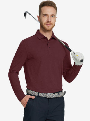 Model holding golf club wearing Skin-friendly long sleeve melange polo in clean burgundy