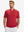 Front half-body of model wearing red moisture-wicking short sleeve henley shirt