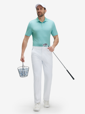 Full front: model in pea green goose lightweight stretch upgraded print golf polo shirts holding golf club