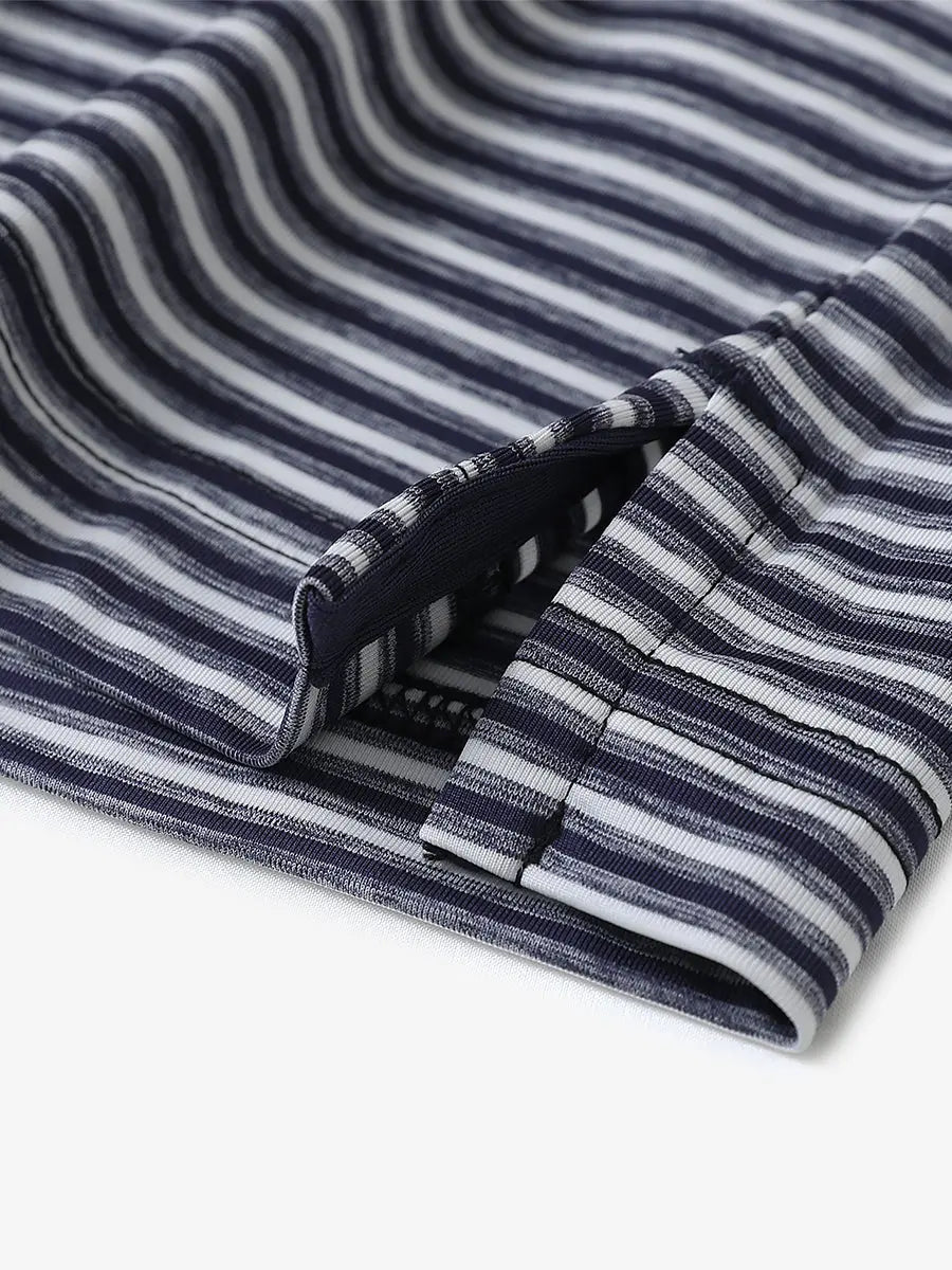 Close-up detail of hem opening on Sport Fit Stripe Polo in Navy Stripe