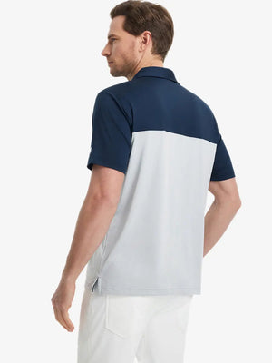 Back half-body view wearing NAVYGLACIER GREY Premium Performance Polo